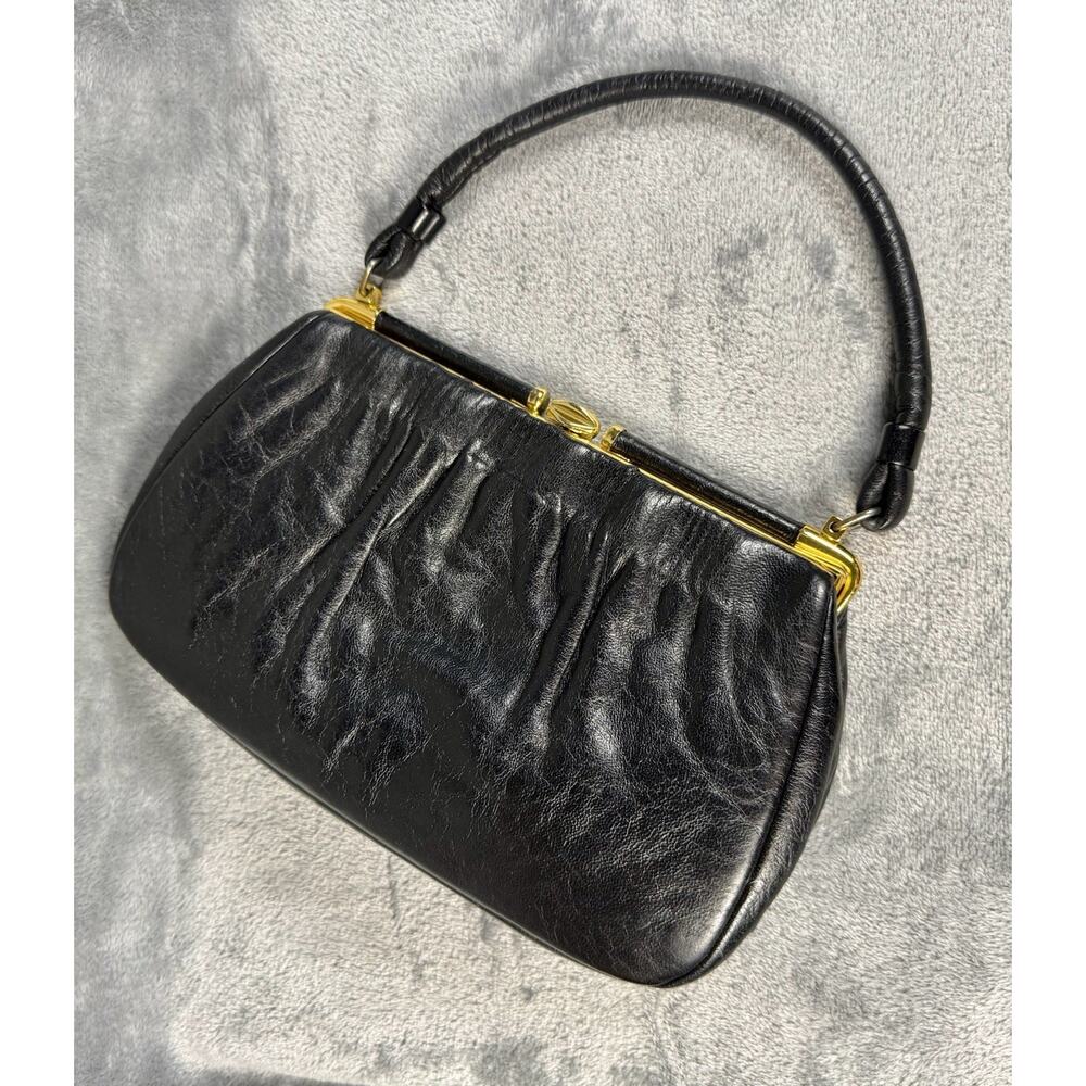 Classic Black Leather‎  kiss-lock Clutch, Vintage